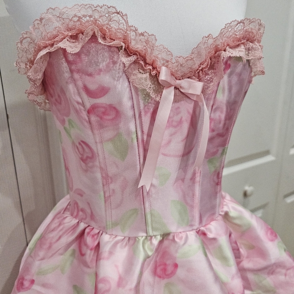 Dolls Kill Sugar Thrillz Forever Fancy Corset Pink Floral Rose Lace Mini Dress S - Picture 3 of 13